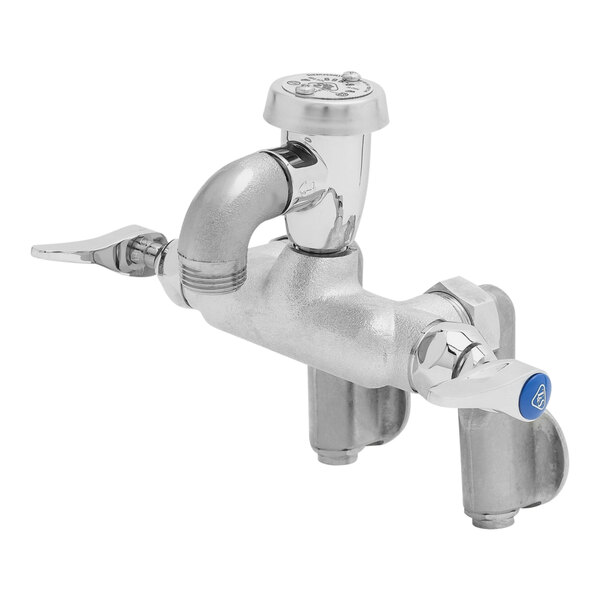 A silver T&S wall mount faucet with chrome finish, Eterna cartridges, and blue knobs.