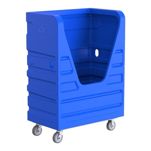 A large blue heavy-duty polypropylene bulk transport truck with four caster wheels.