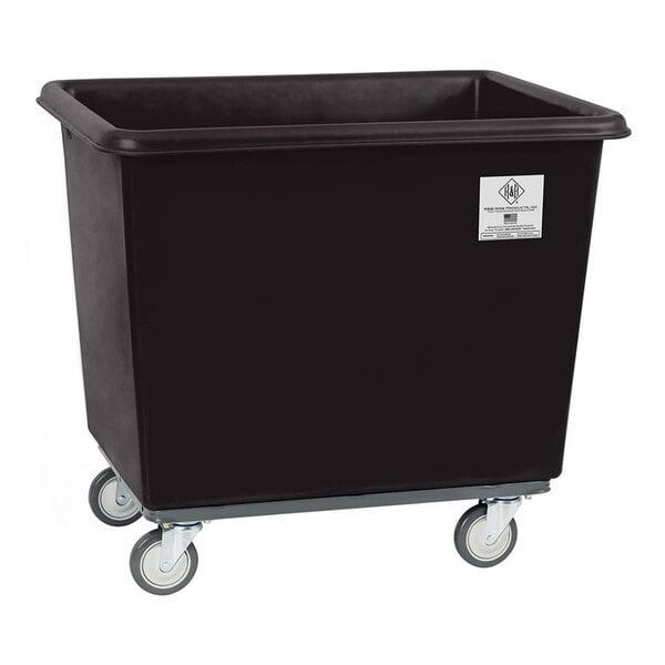 A large black heavy-duty polypropylene utility truck with four caster wheels.