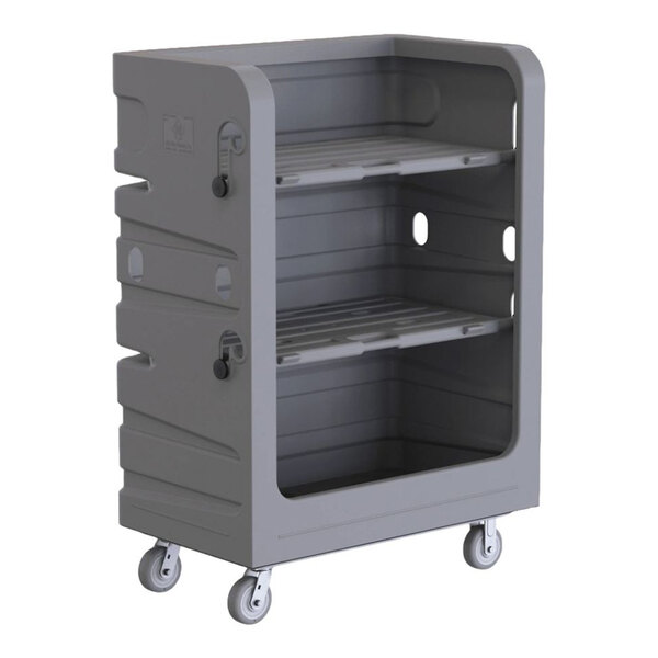 A gray heavy-duty polypropylene utility cart with two shelves and four caster wheels.