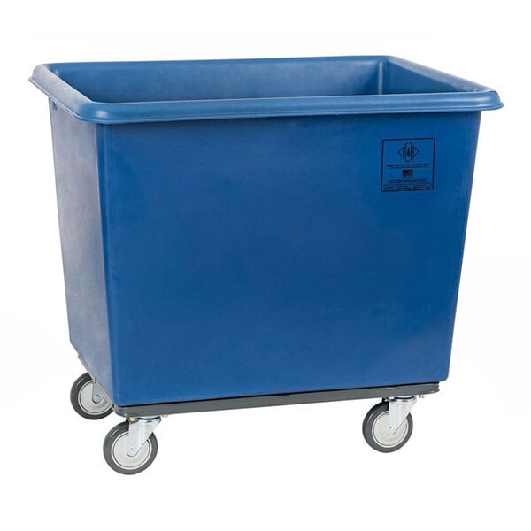 A large blue heavy-duty polypropylene utility truck with four caster wheels.