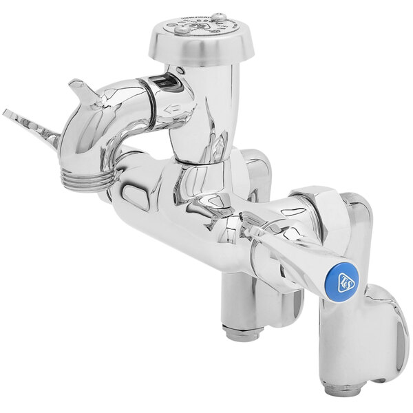 A silver T&S wall mount mop sink faucet with blue handles.