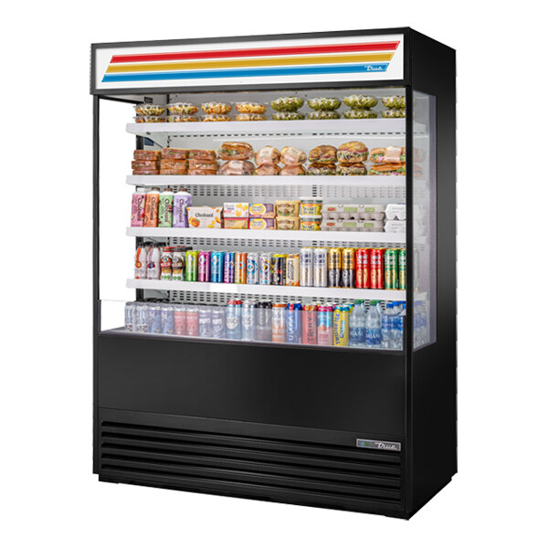 A 60-inch refrigerated air curtain merchandiser with glass sides, a sign panel, and multiple shelves displaying food and beverages.