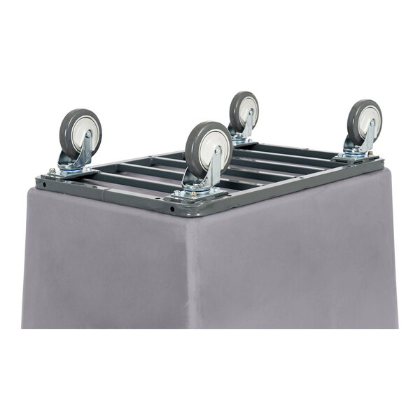 A large gray heavy-duty polypropylene truck with a metal frame and four swivel caster wheels.