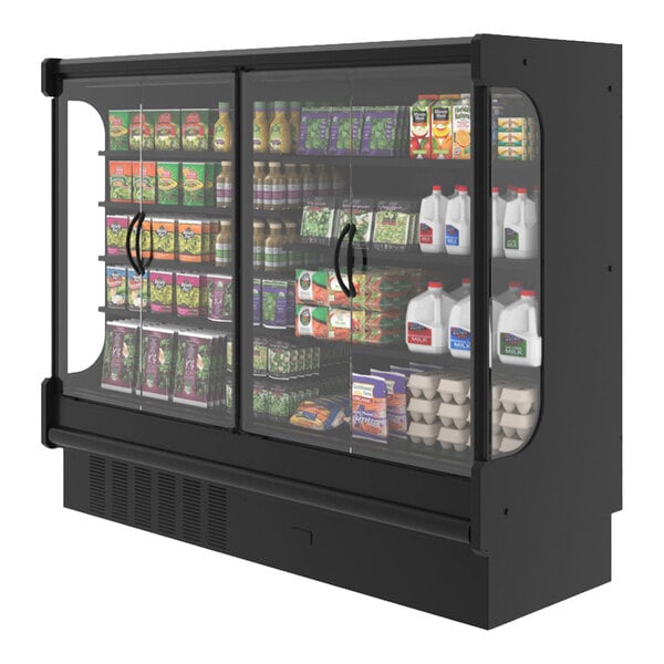A large black refrigerated glass door merchandiser stocked with various grocery items.