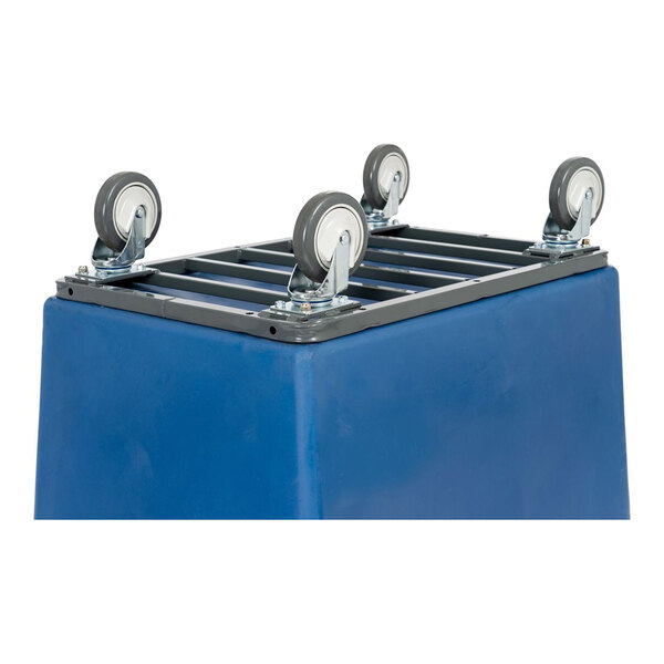 A blue heavy-duty polypropylene utility truck with four swivel caster wheels attached to a metal frame on the bottom.