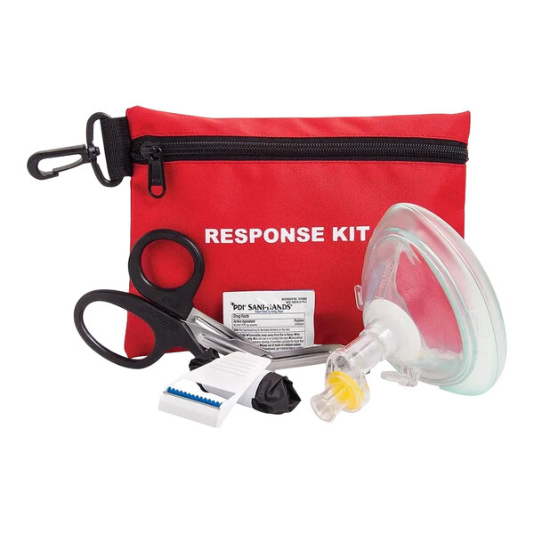 A Curaplex CPR response kit containing a red zippered pouch, a pair of scissors, a CPR mask, and other emergency medical supplies.