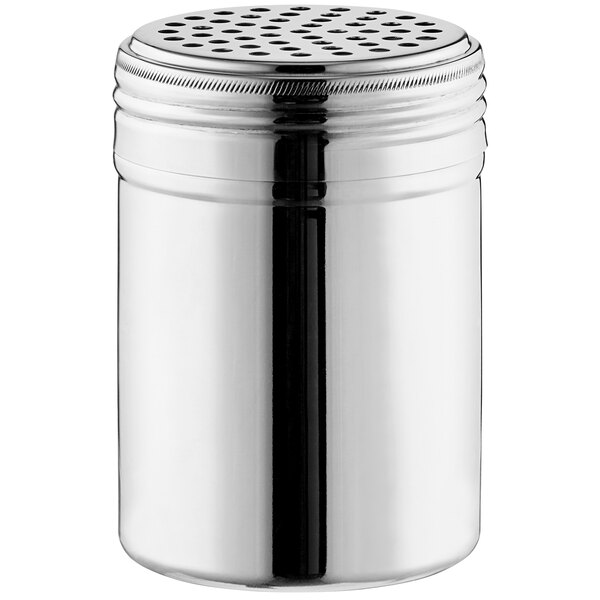 A stainless steel shaker or dredge with large holes on the lid, designed for dispensing seasonings or powders.