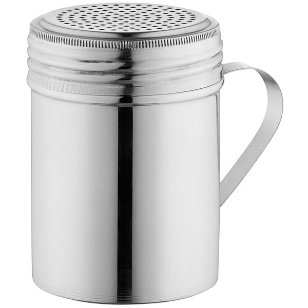 A stainless steel shaker or dredge with a handle and perforated lid, holding 10 ounces.