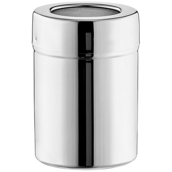 A stainless steel shaker or dredge with a mesh top, holding 10 ounces.