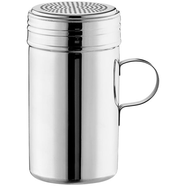 A stainless steel shaker or dredge with a handle and perforated lid, holding 16 ounces.