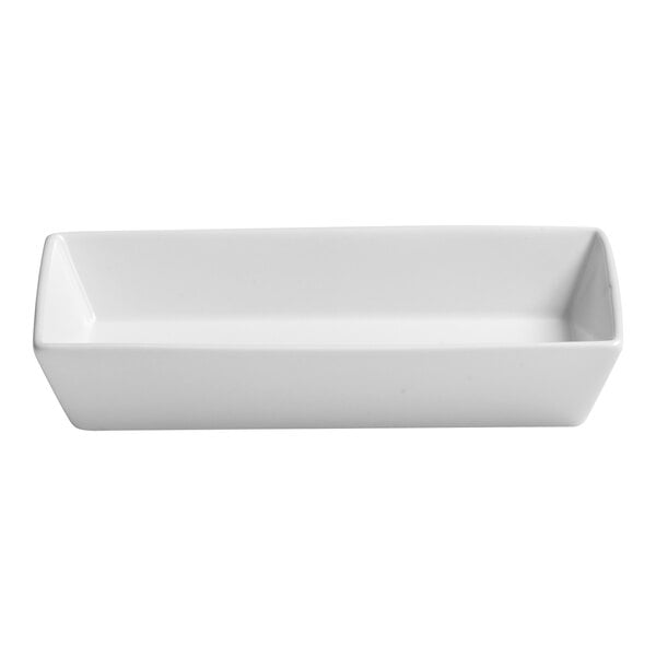 A rectangular white bowl with straight sides and a wide rim.