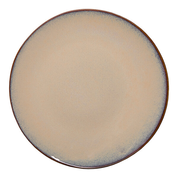A round beige porcelain coupe flat plate with a slightly slanted edge.