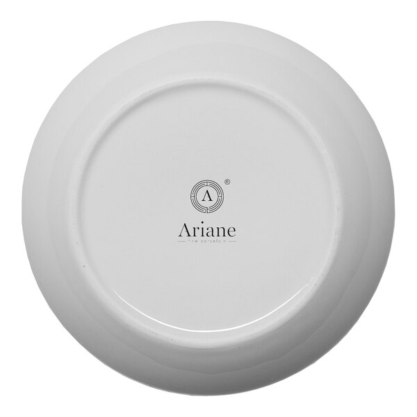 A white round porcelain soup bowl with the brand name 'Ariane' printed on the bottom.