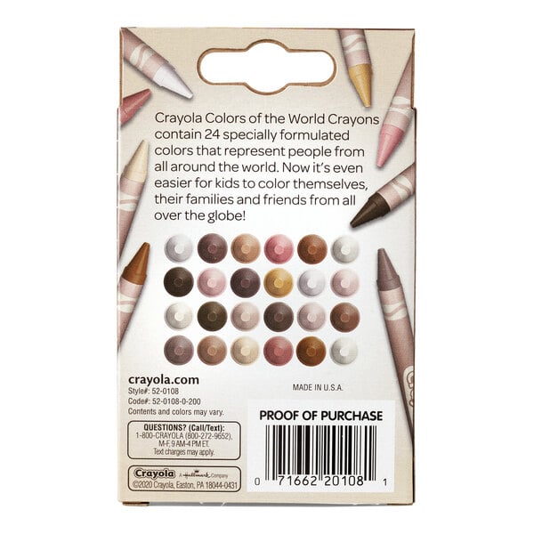 A box of Crayola Colors of the World 24-count assorted crayons featuring a variety of skin tone shades.