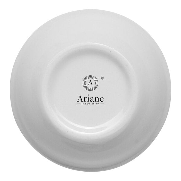 A small ivory round porcelain coupe bowl viewed from the bottom, displaying the Ariane brand logo.