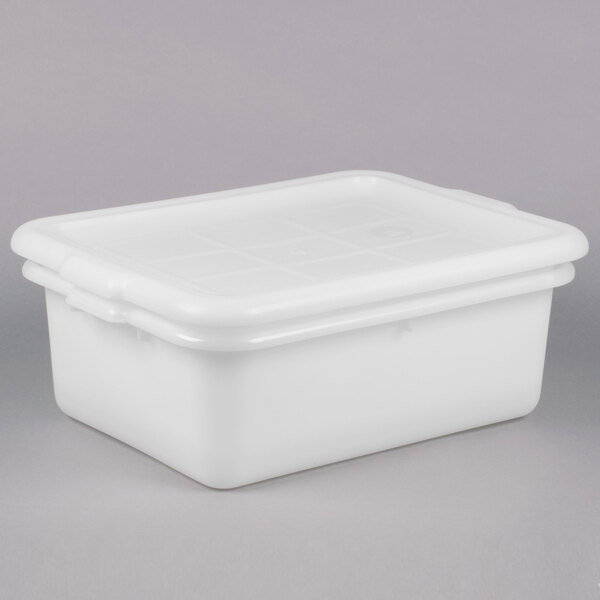 A white Tablecraft plastic container with a lid.