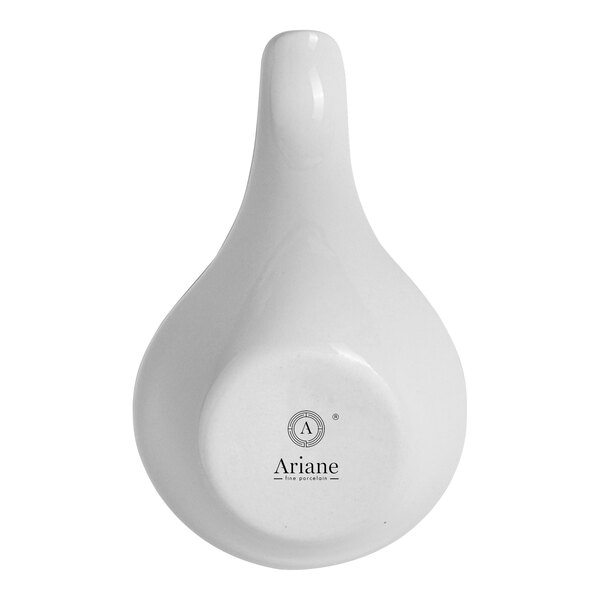A small ivory porcelain coupe bowl with a handle, viewed from the bottom, branded with the Ariane logo.