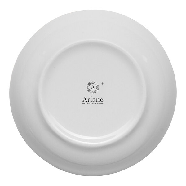 A small ivory round porcelain coupe bowl shown upside down with the Ariane brand logo on the bottom.