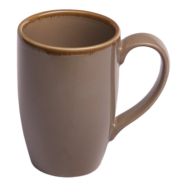 A beige tapered porcelain mug with a handle.