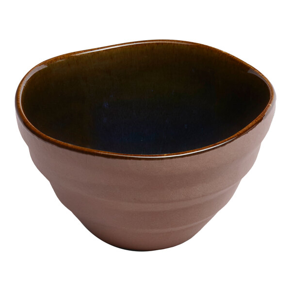A blue and brown round tapered porcelain soup bowl.