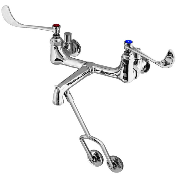 A T&S polished chrome wall mount service sink faucet with 2 wrist action handles.