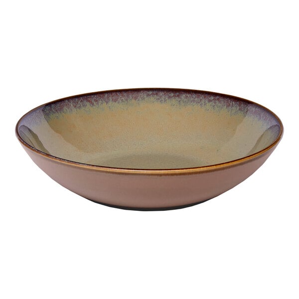 A round beige porcelain coupe deep plate.