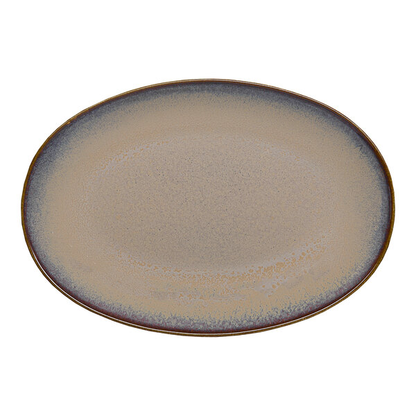 An oval beige porcelain coupe platter with a subtle speckled design.