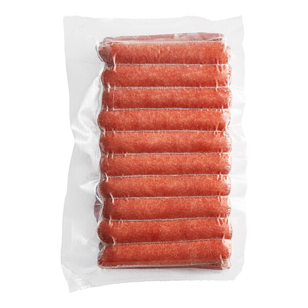 A vacuum-sealed package containing multiple skinless beef franks.