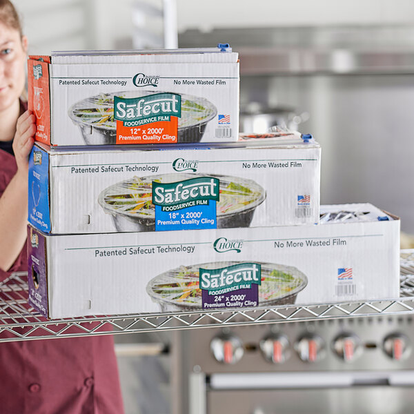 A box of Choice Safecut 18-inch by 2000-foot premium foodservice film with a slide cutter.