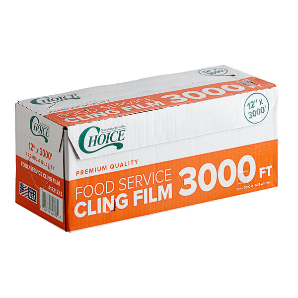 A box of Choice 12 inch by 3000 foot foodservice cling film with a serrated cutter.