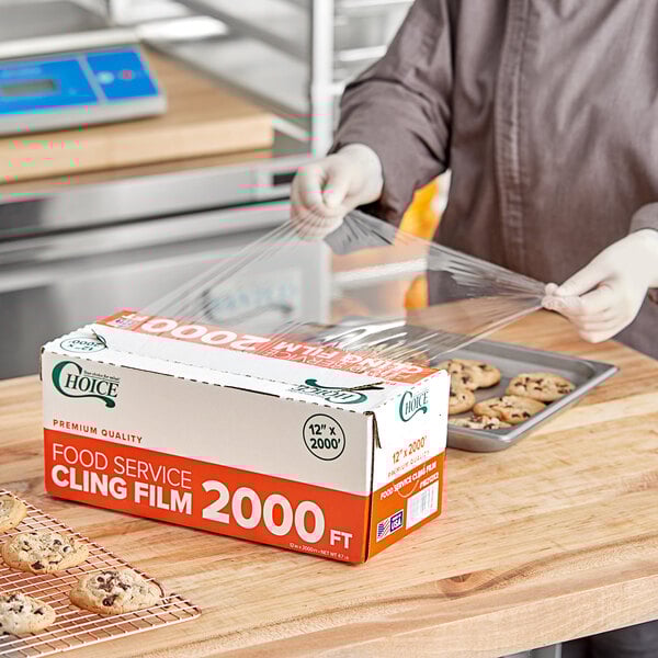 A box of Choice 12-inch by 2000-foot foodservice cling film with a serrated cutter.