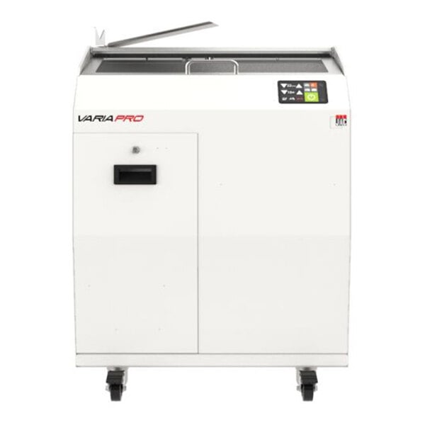 A commercial automatic feed bread slicer with variable slice thickness and a white exterior.