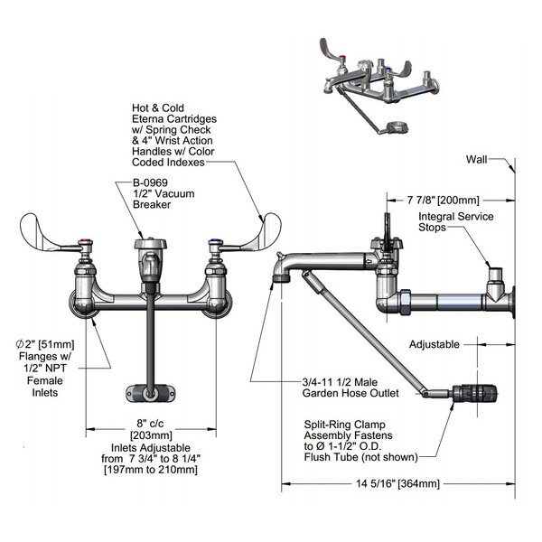 A diagram of a T&S wall mount service sink faucet with parts labeled.