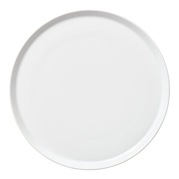 A bright white round porcelain coupe plate with a raised rim.
