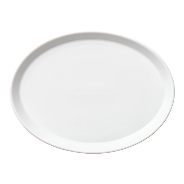 An oval, bright white porcelain coupe platter with a raised rim.
