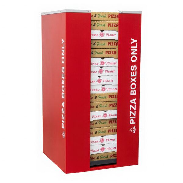 A red recycling bin labeled for pizza boxes only.