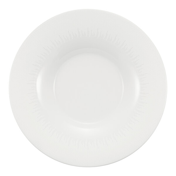 A bright white round wide rim deep porcelain plate.