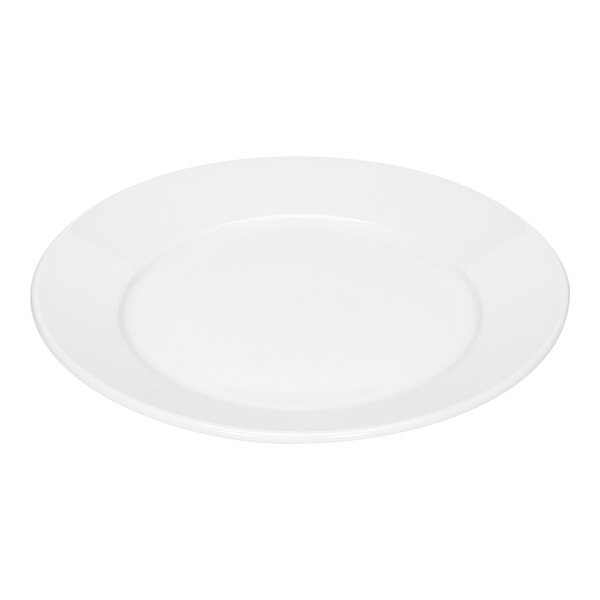 A round, bright white porcelain plate with a wide rim.