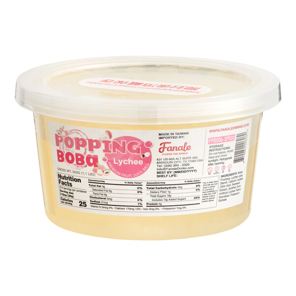 A plastic tub of Fanale Lychee Popping Boba containing 1.1 pounds of fruit juice-filled pearls.