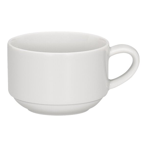 A bright white round stackable porcelain cup with a handle.