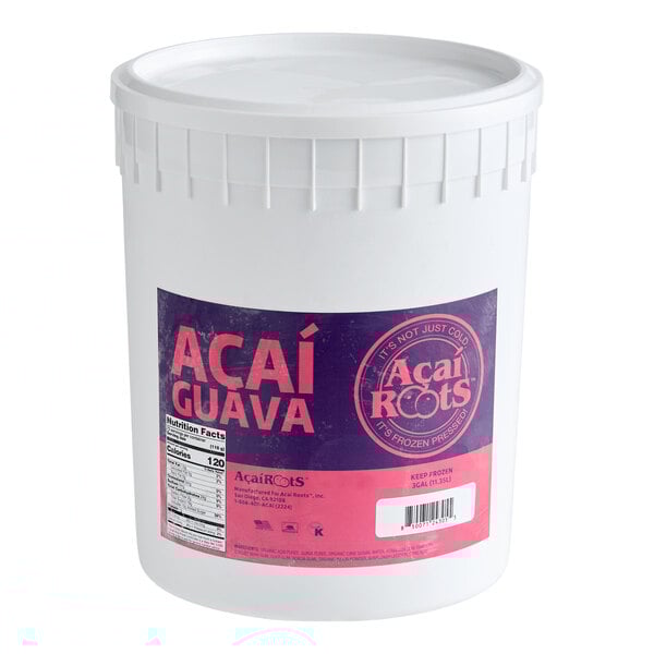 A large white plastic tub of Acai Roots organic acai and guava cream sorbet.