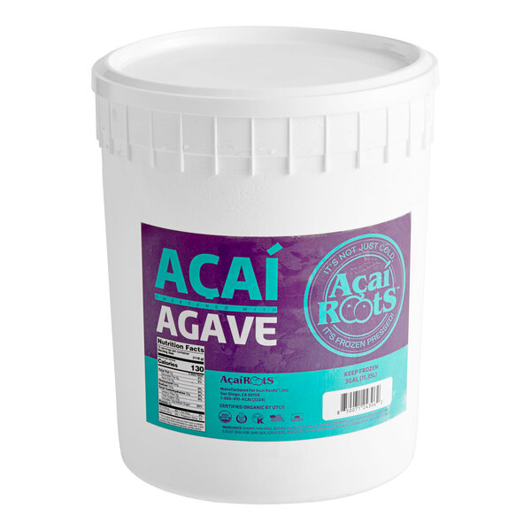 A large white plastic tub of Acai Roots Organic Acai Sorbet with Agave, labeled as 3 gallons.