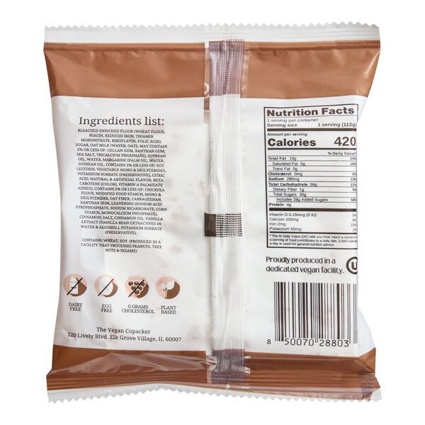 A packaged vegan cinnamon sugar crumb cake with nutrition facts and ingredient information on the back.