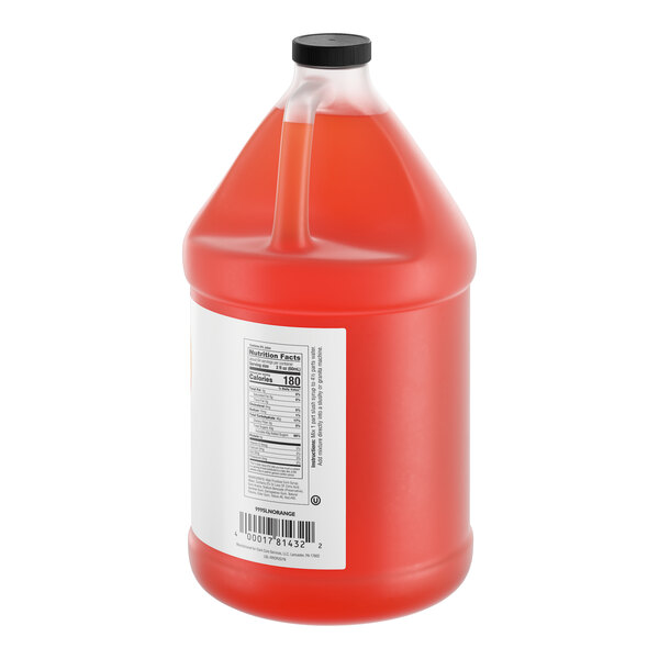 A one-gallon jug of Narvon Orange Slushy concentrate with a black cap and nutrition label.