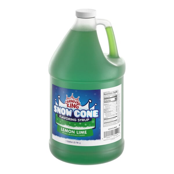 A one-gallon jug of Carnival King lemon lime snow cone flavoring syrup.