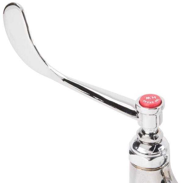 A T&S polished chrome wall mount mop sink faucet with red wrist action handles.