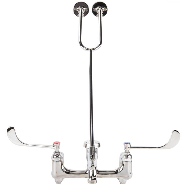 A T&S polished chrome wall mount service sink faucet with two wrist action handles.