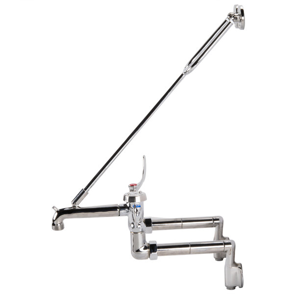 A T&S polished chrome wall mount sink faucet with long silver handles.