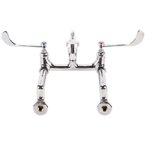 A silver T&S wall mount service sink faucet with chrome handles.